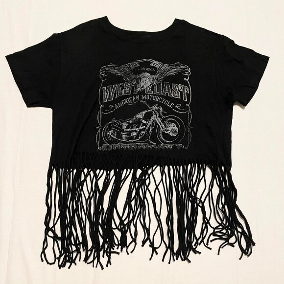Forever 21 Biker Fringed Crop Tshirt Womens Size Small Motorcycle Shirt - Picture 2 of 15